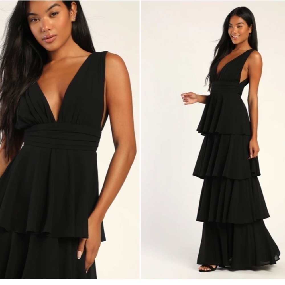 LULUS Prom Wedding Bridesmaid Tiered Ruffles Bohemian Black Maxi Dress - Picture 3 of 4